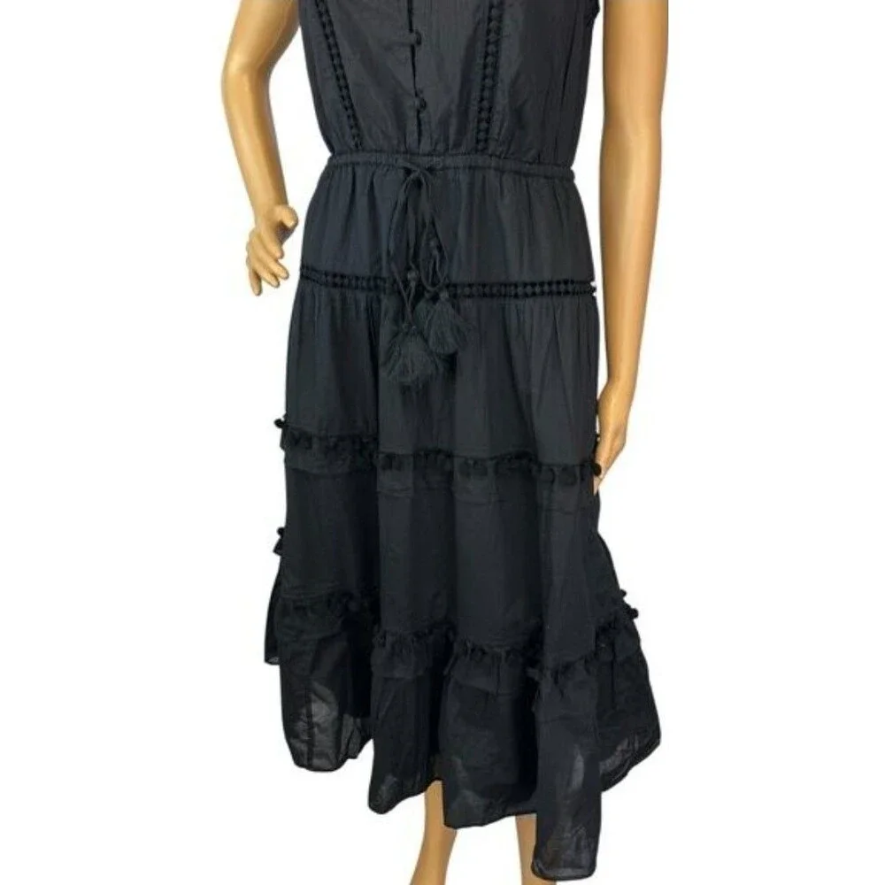 NWT J.Crew Pom-pom Midi in Black Cotton Voile Tiered Dress Size 0 $128 Worn Once